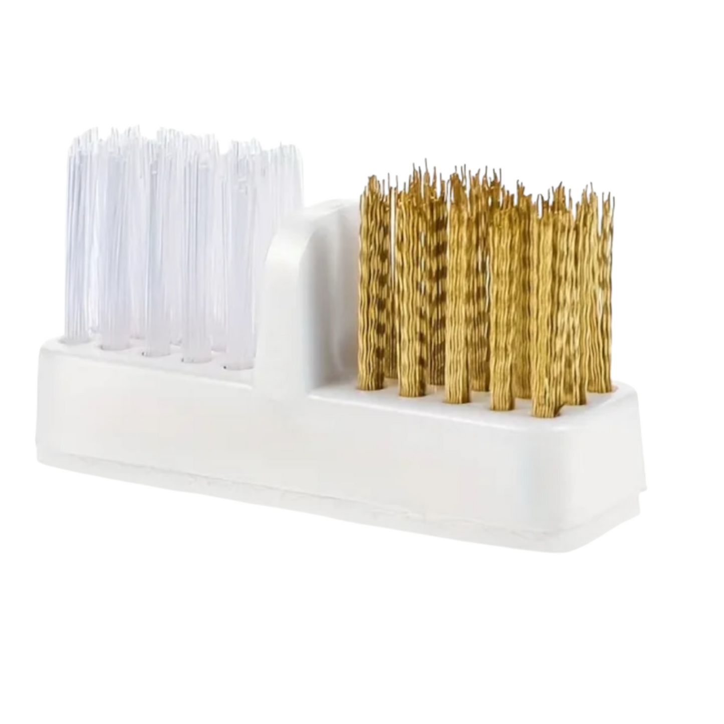 Cepillo doble tiene pegamento abajo para quedar estable en su mesa, es perfecto para limpiar puntas (área suave blanca , & área de cobre para quitar pegamento etc de sus puntas ) primero lo pasa por el cobre luego por el área blanca de cepillo