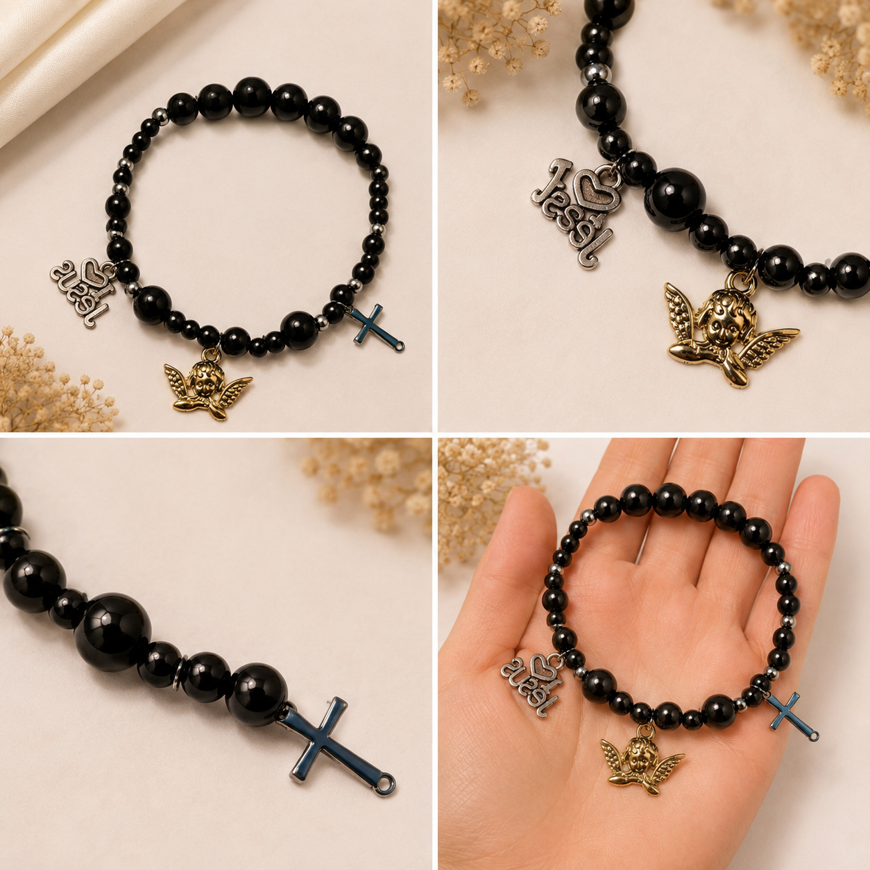 Pulsera Elástica | charms : Jesús, angelito y cruz