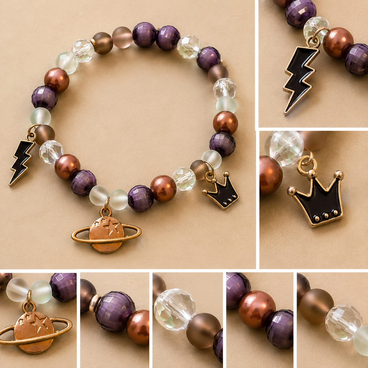 Pulsera Elástica | charms : rayo, planeta y corona