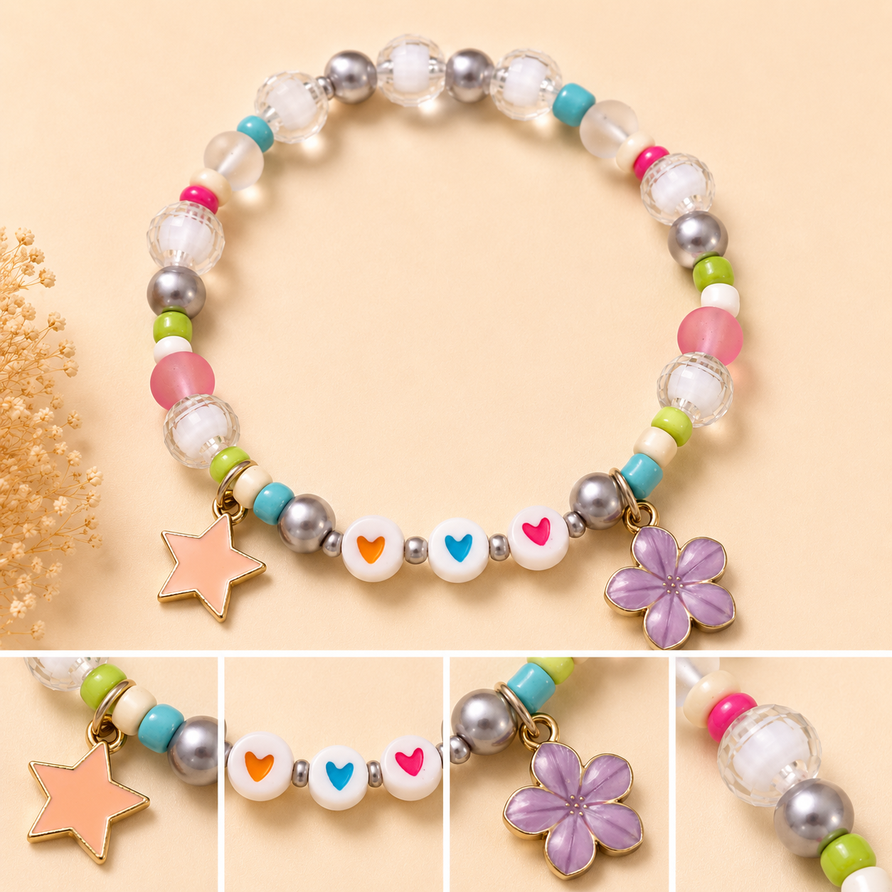 Pulsera Elástica | charms : estrella, flor y 3 corazones