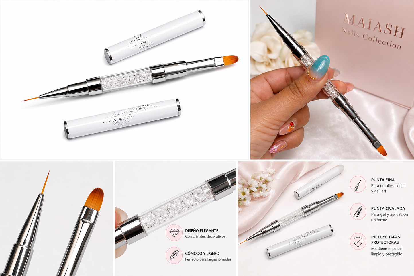 Pincel dual con punta fina y punta ovalada, ideal para nail art, líneas delicadas, aplicación de gel y detalles con mayor precisión.