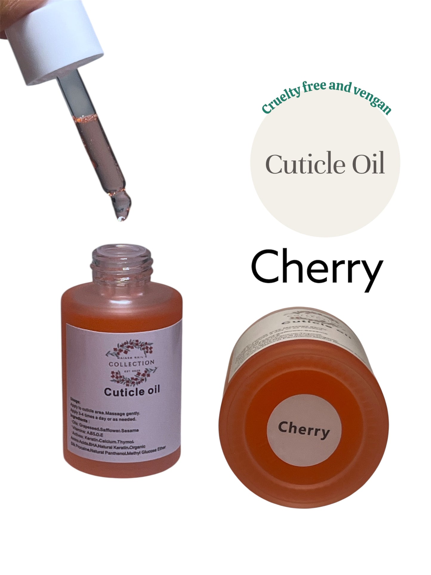 Aceite para cutícula - olor (CHERRY)
Aplicar en el área de la cutícula. Masajear suavemente.
Usar 1-3 veces al día o según sea necesario. Absorbe rápido tiene vitaminas y es artesanal, natural y vegano. Tamaño 30G