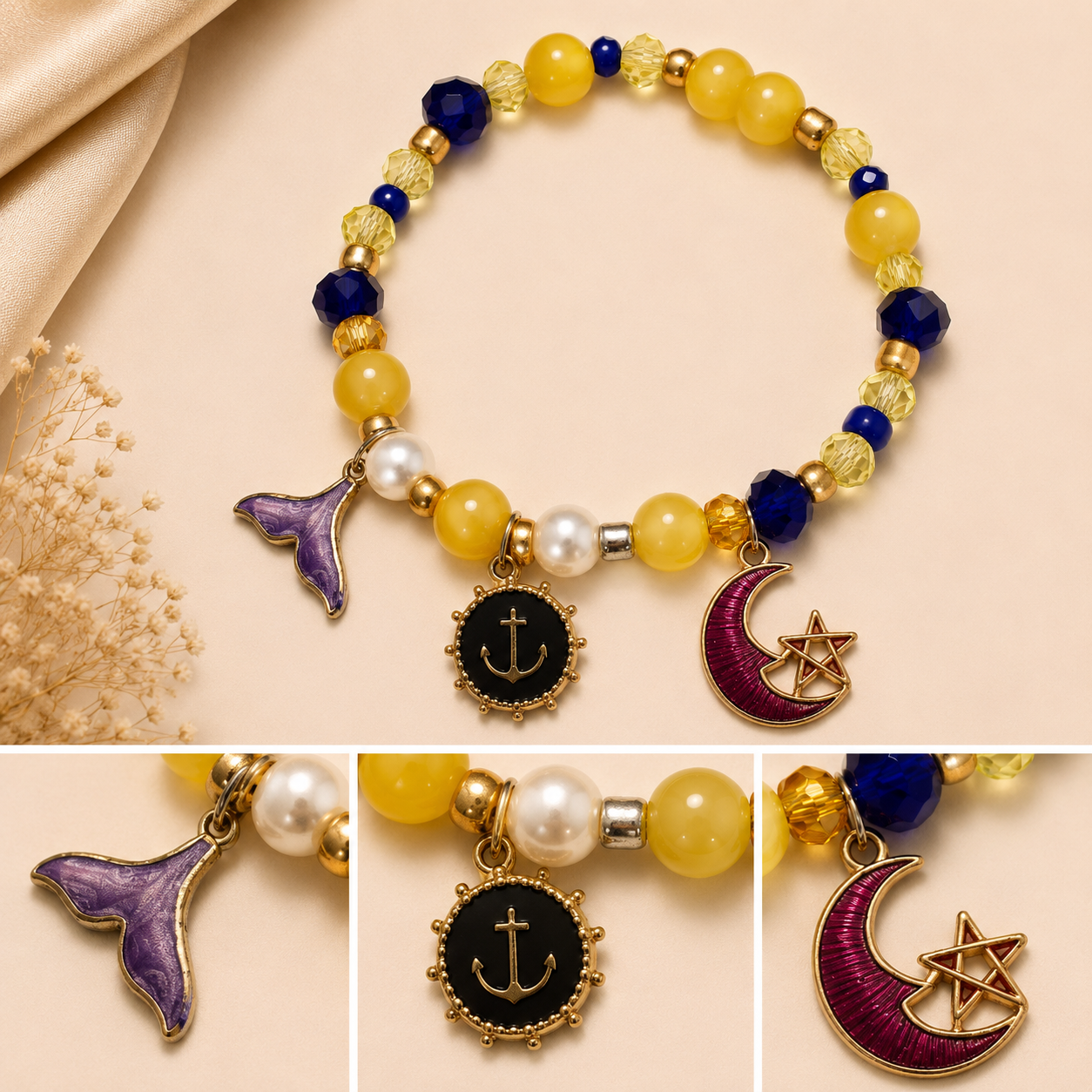 Pulsera Elástica | charms : cola, ancla y luna