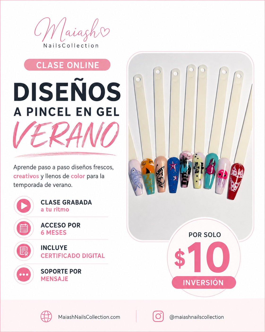 CLASES ONLINE / Técnicas Diseños a pincel en Gel Verano⏳ Acceso hasta 6 meses .
🎓 Certificado digital al completar la clase.