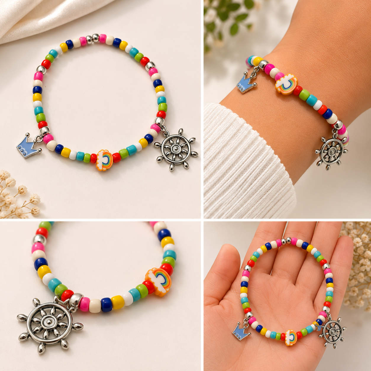 Pulsera Elástica | charms : arcoíris, timón y corona