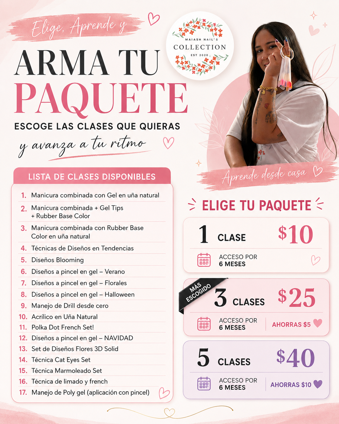 Escoge 5 Clases Online por $40 / Luego de completar tu compra, envía por mensaje los nombres de las 3 clases que deseas.”
