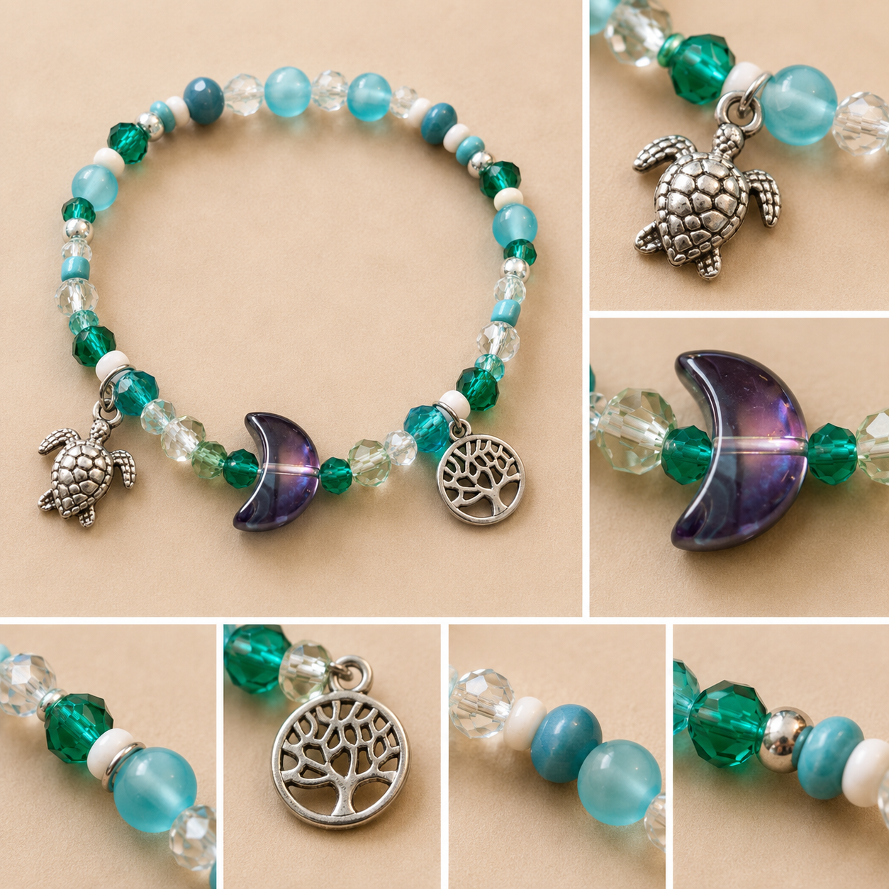 Pulsera Elástica | charms : tortuga, luna y árbol