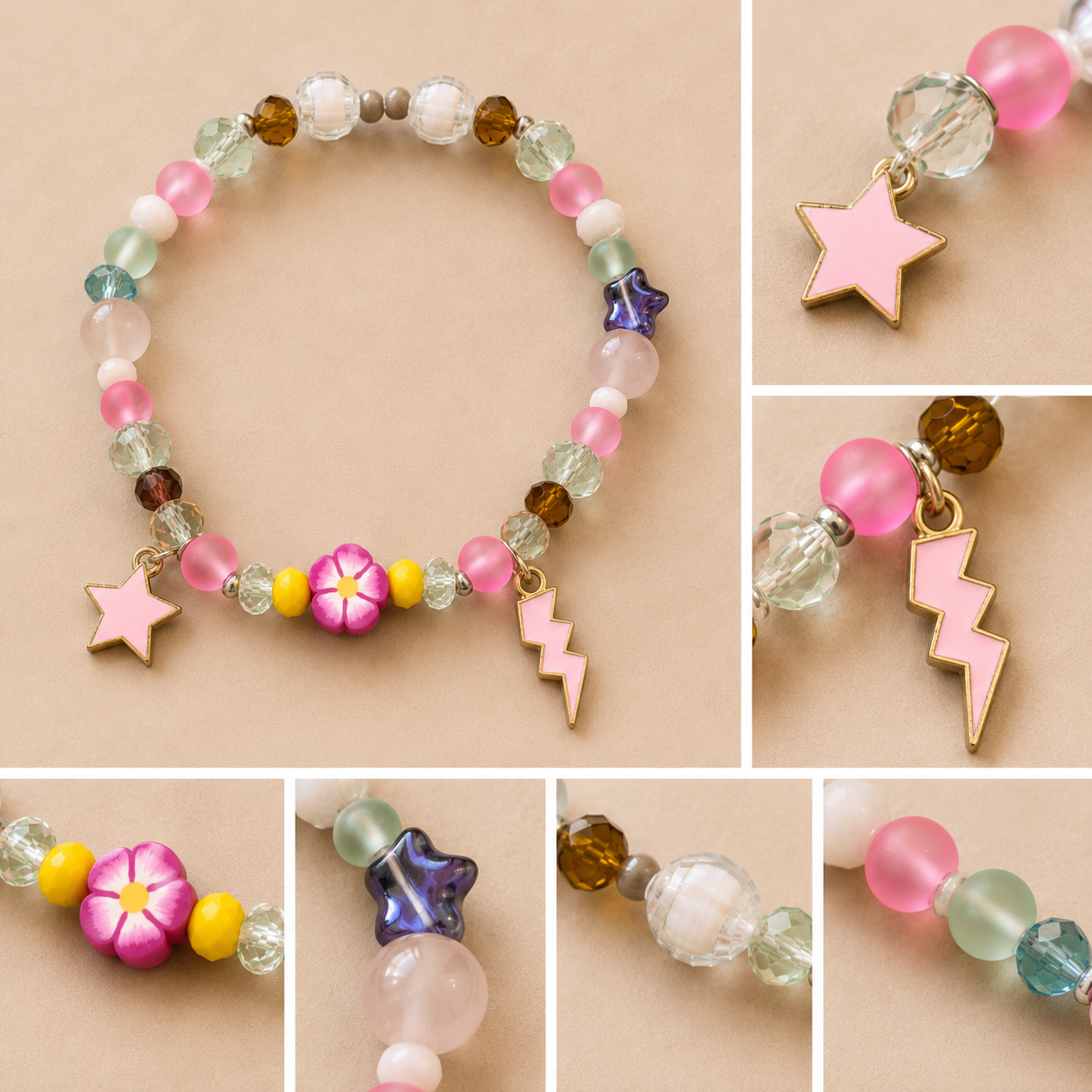 Pulsera Elástica | charms : estrella, flor y rayo