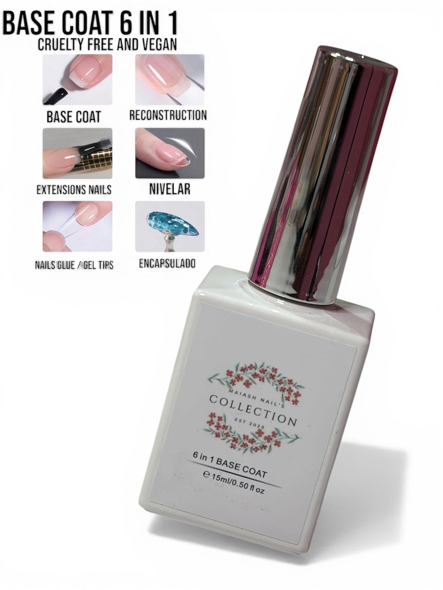 Base Coat 6 en 1 • #601 - Funciona para base antes de cualquier producto/ para pega de Gel tips/ para reconstrucción de uñas / para alargamiento de uñas, para nivelación / para encapsulado, pega de diamantes y accesorios. Tamaño 15 ML