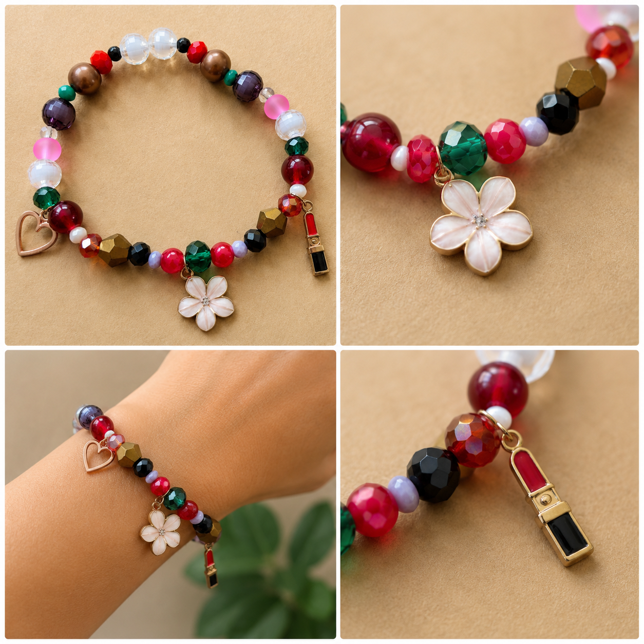 Pulsera Elástica | charms : flor, lápiz labial y corazón