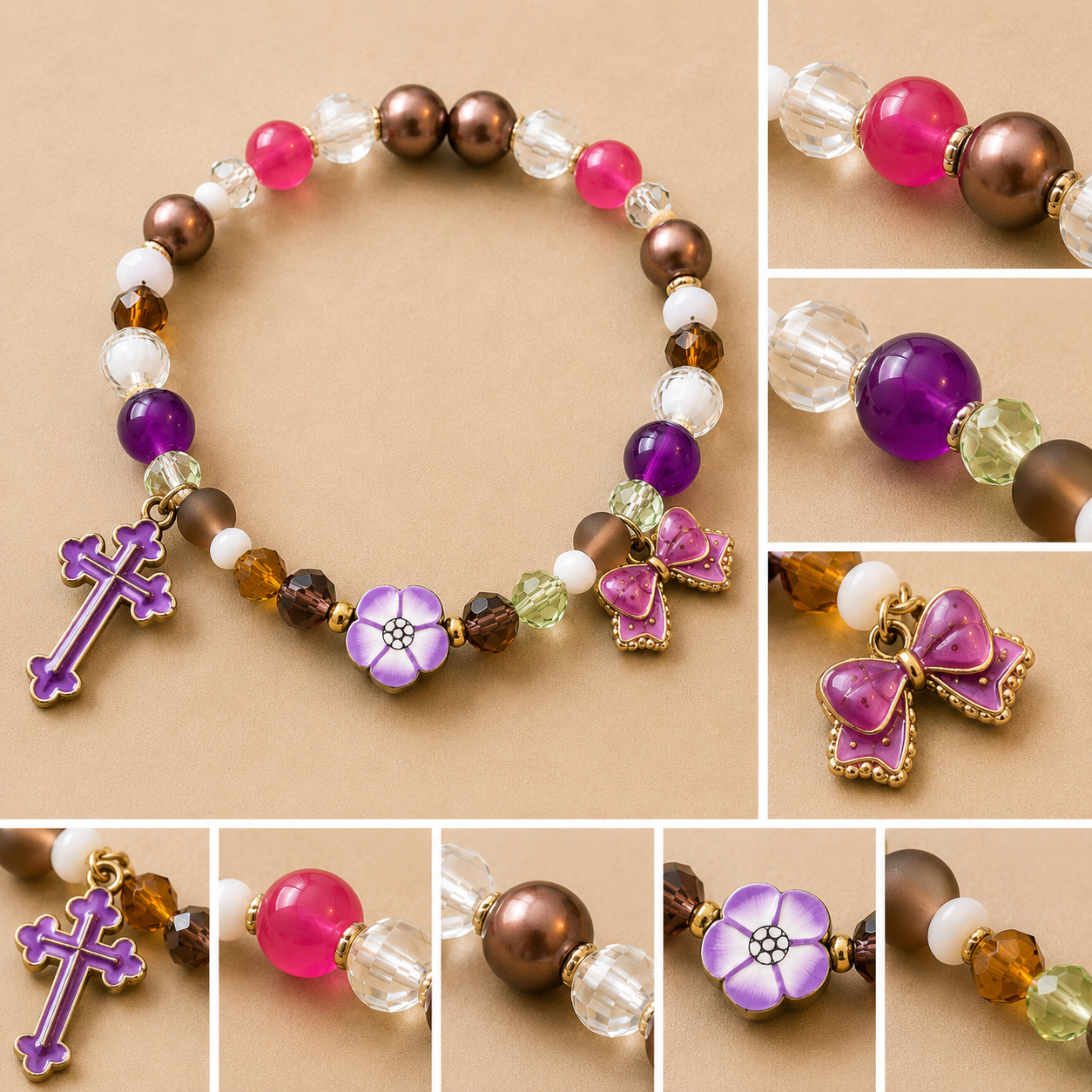 Pulsera Elástica | charms : Cruz, flor y lazo