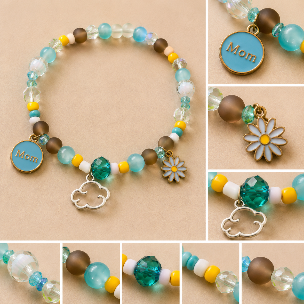 Pulsera Elástica | charms : Flor, nube y Mom