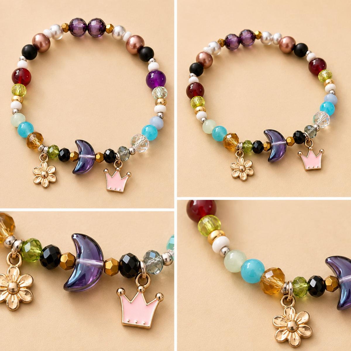 Pulsera Elástica | charms : flor, luna y corona