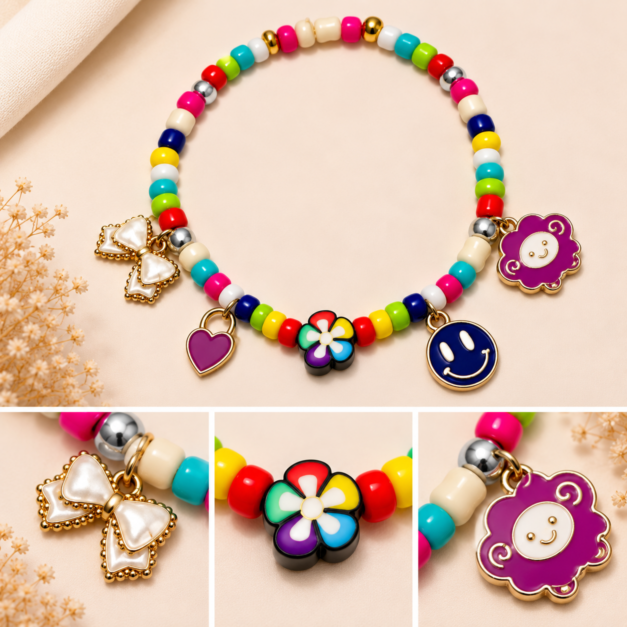Pulsera Elástica | charms : oveja, flor, corazón, lazo