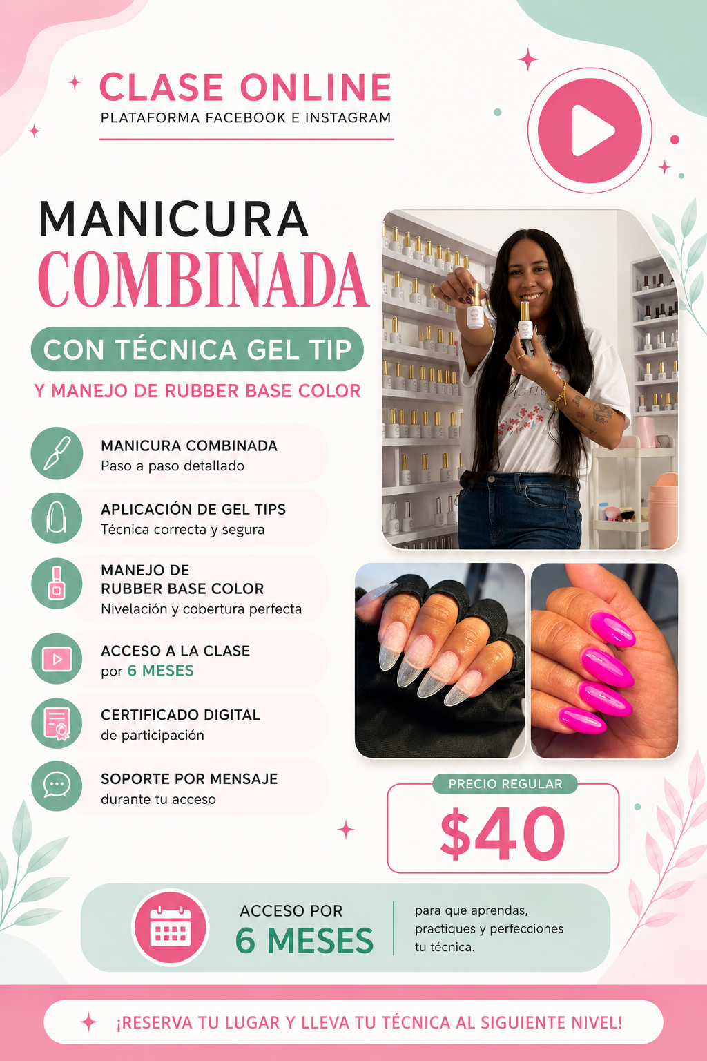 CLASES ONLINE / Manicura Combinada con Gel Tips y Rubber Base Color . ⏳ Acceso por 6 meses.
🎓 Certificado digital al completar la clase.