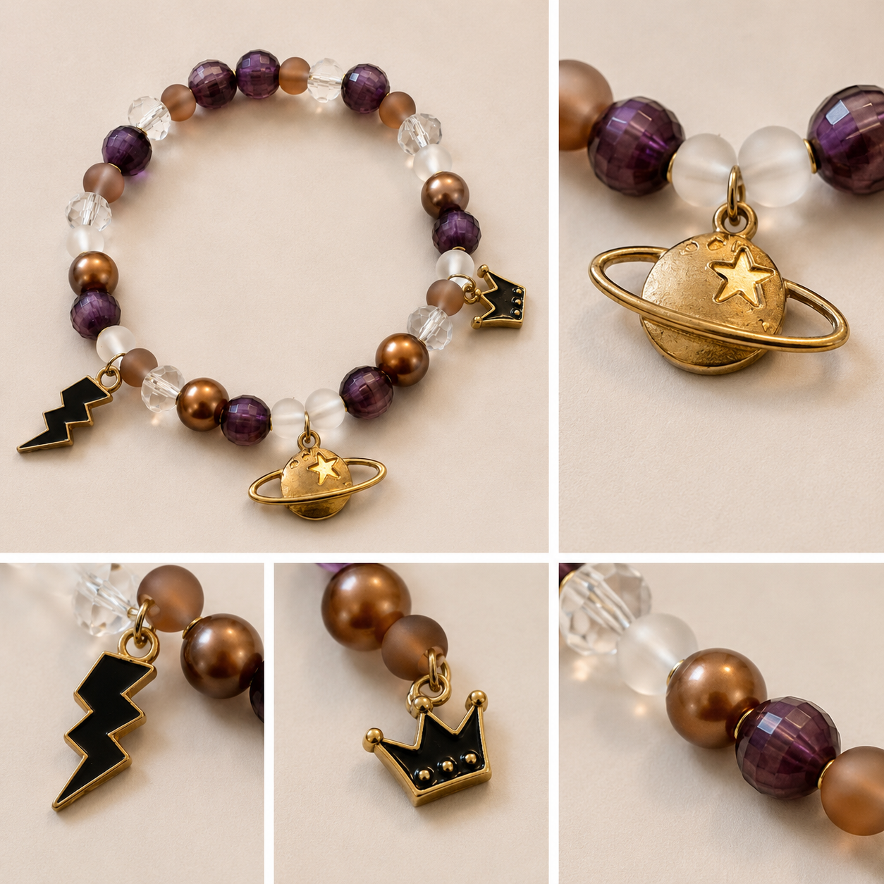 Pulsera Elástica | charms : planeta y rayo y corona