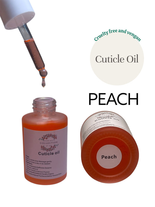 Aceite para cutícula - olor (PEACH)         
Aplicar en el área de la cutícula. Masajear suavemente.
Usar 1-3 veces al día o según sea necesario. Absorbe rápido tiene vitaminas  y es artesanal, natural y vegano.  Tamaño 30G