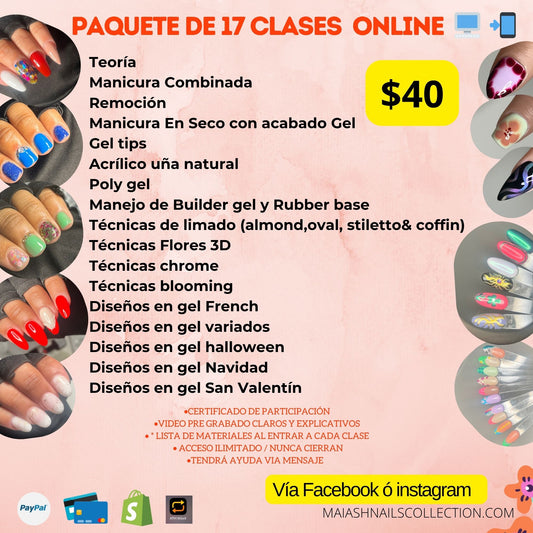 PAQUETE DE CURSO ONLINE , (incluye todas las clases mencionadas en la FOTO son 17 ) 🚨AL REALIZAR TU PAGO ESCRÍBEME POR MENSAJE / plataforma para ver el Curso Instagram y Facebook!