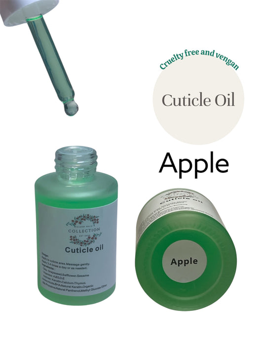 Aceite para cutícula - olor (APPLE)         
Aplicar en el área de la cutícula. Masajear suavemente.
Usar 1-3 veces al día o según sea necesario. Absorbe rápido tiene vitaminas  y es artesanal, natural y vegano. Tamaño 30G
