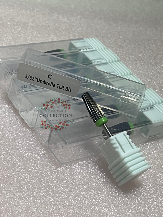 Bit Umbrella VERDE TLR 3/32’’
  - C - Remover acrílico o gel hard de forma rápida.Ideal para desbaste de estructuras gruesas (uñas con mucho producto). Ahorra tiempo en retiros como polygel o acrílico fuerte. Muy útil en retoques para bajar productos.