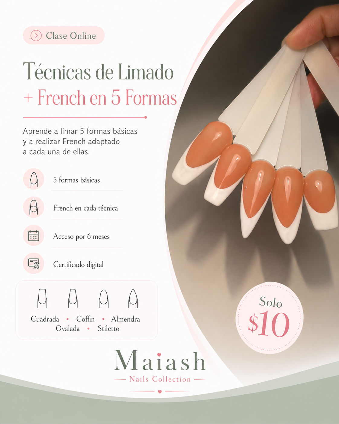 Clase Online - Técnicas de Limado + French  / Aprende a limar 5 formas básicas y a realizar French adaptado a cada una de ellas: cuadrada, coffin, almendra, ovalada y stiletto. Acceso 6 Meses | Plataforma para la clase facebook