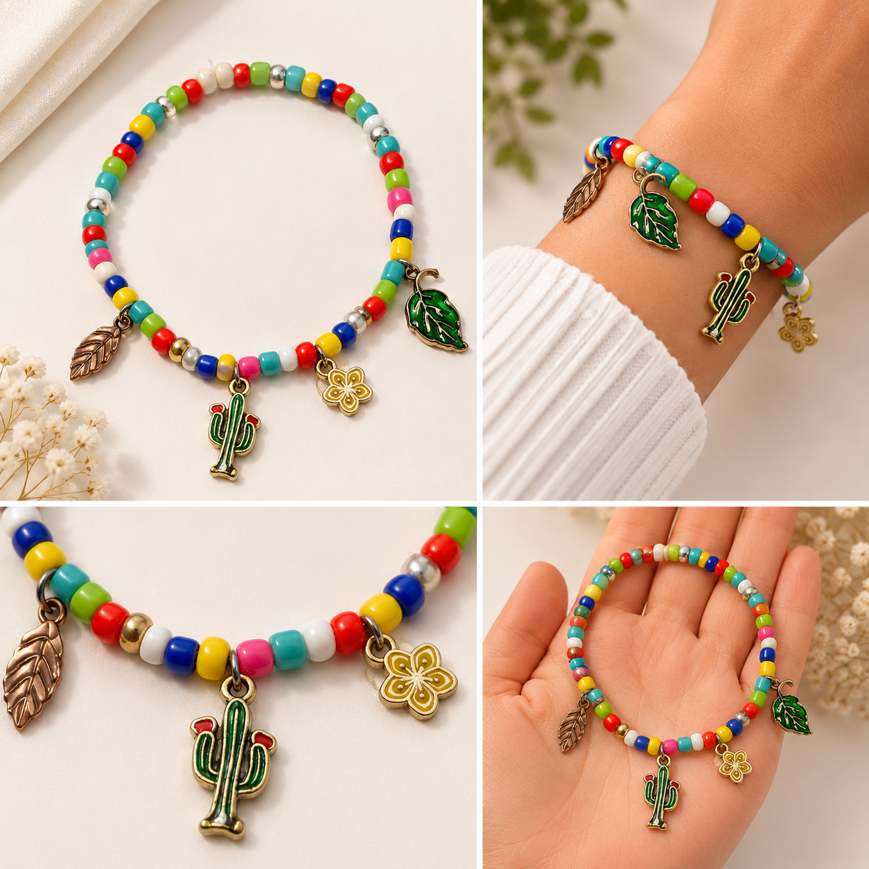 Pulsera Elástica | charms : hojas, flor y cactus