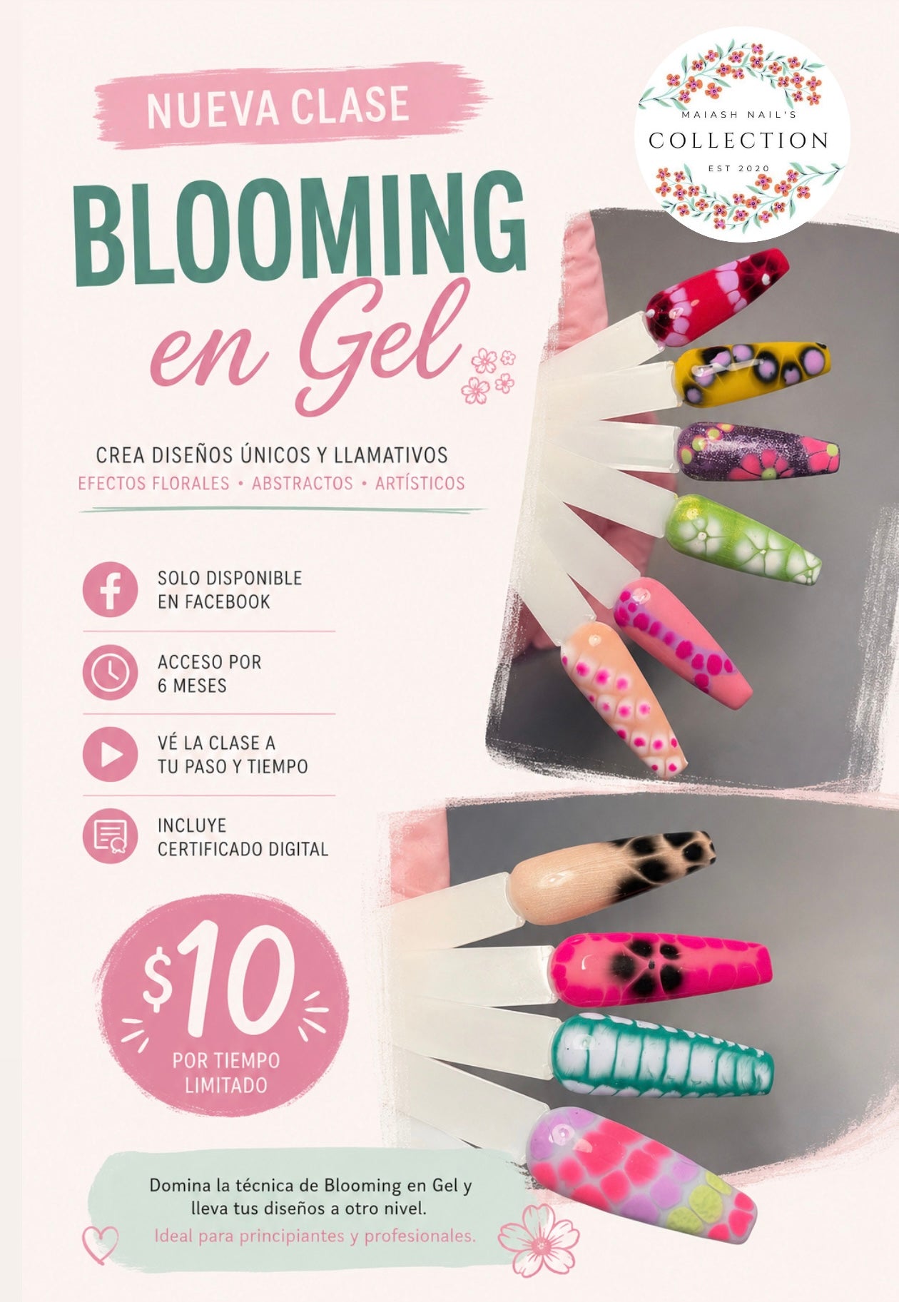 Clase Online | Blooming Gel | Aprende paso a paso la técnica de Blooming Gel y crea diseños modernos con diferentes combinaciones. Plataforma para ver la clase facebook.