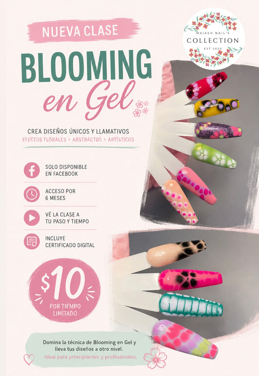 Clase Online | Blooming Gel | Aprende paso a paso la técnica de Blooming Gel y crea diseños modernos con diferentes combinaciones. Plataforma para ver la clase facebook.