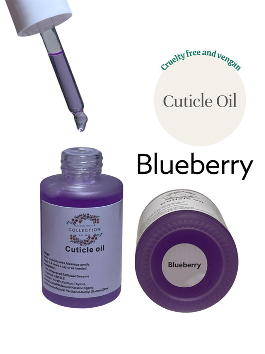 Aceite para cutícula - olor (BLUEBERRY)         
Aplicar en el área de la cutícula. Masajear suavemente.
Usar 1-3 veces al día o según sea necesario. Absorbe rápido tiene vitaminas  y es artesanal, natural y vegano. Tamaño 30G