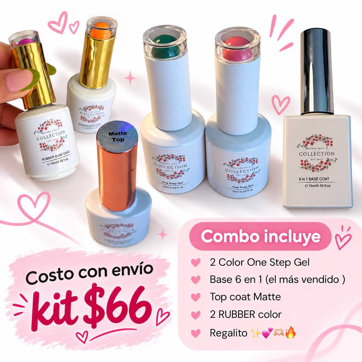 kit incluye: base 6 en 1 - top matte - 2 Rubber base color / 2 colores de un solo paso 🩷