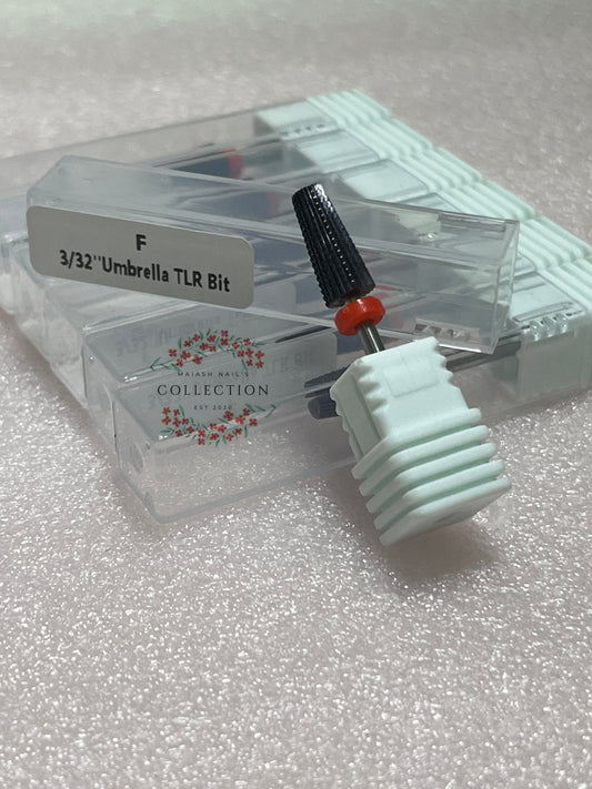 Bit Umbrella ROJO TLR 3/32’’
 - F - grano fino / Remover gel delgado de forma controlada.Trabajos cerca de la cutícula sin causar daño.Pulir suavemente la superficie del gel o acrílico antes del top coat.Refinar la estructura.