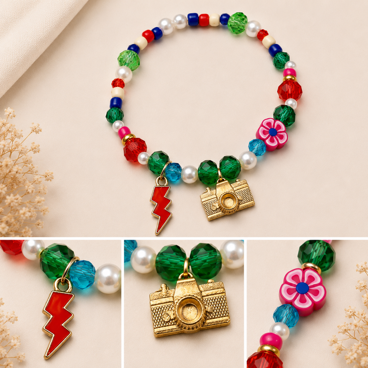 Pulsera Elástica | charms : cámara, rayo y flor