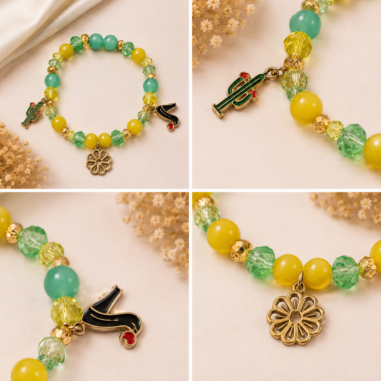 Pulsera Elástica | charms : cactus, flor y tacón