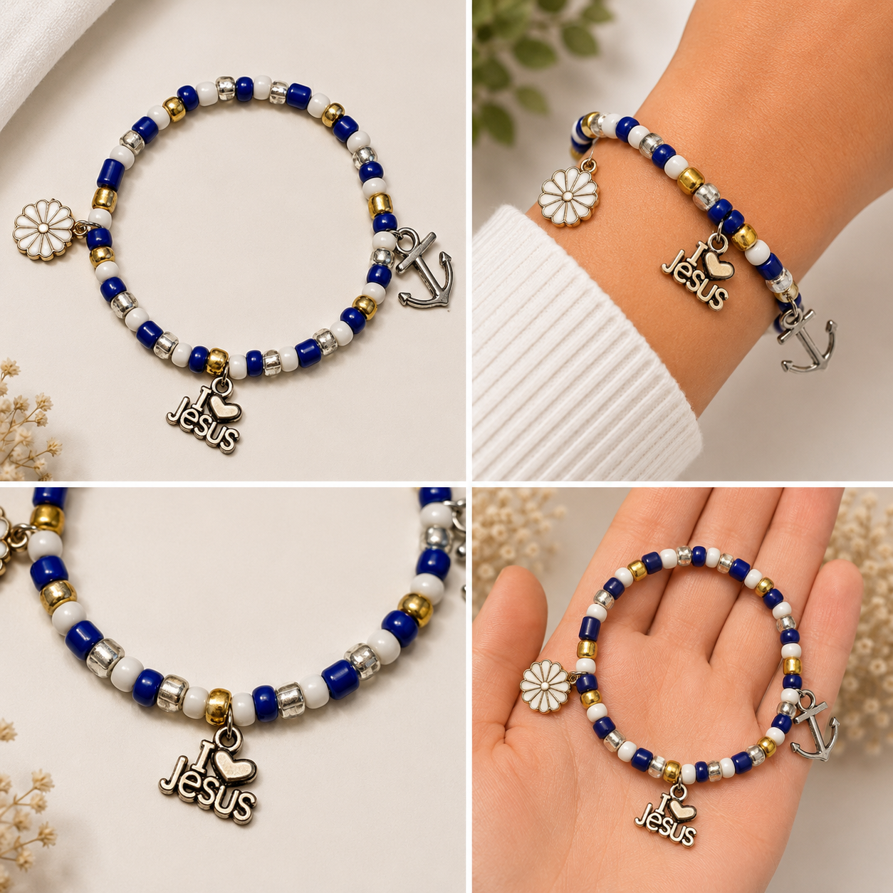 Pulsera Elástica | charms : Flor, Jesús, ancla