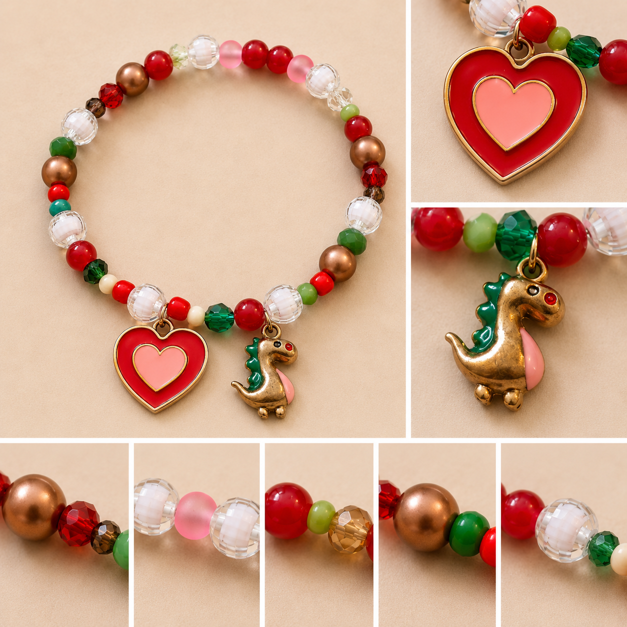 Pulsera Elástica | charms : dinosaurio y corazón