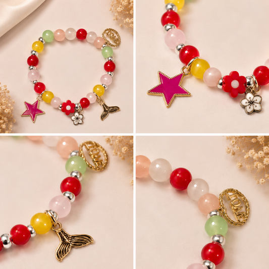Pulsera Elástica | charms : estrella, flor y cola y Love