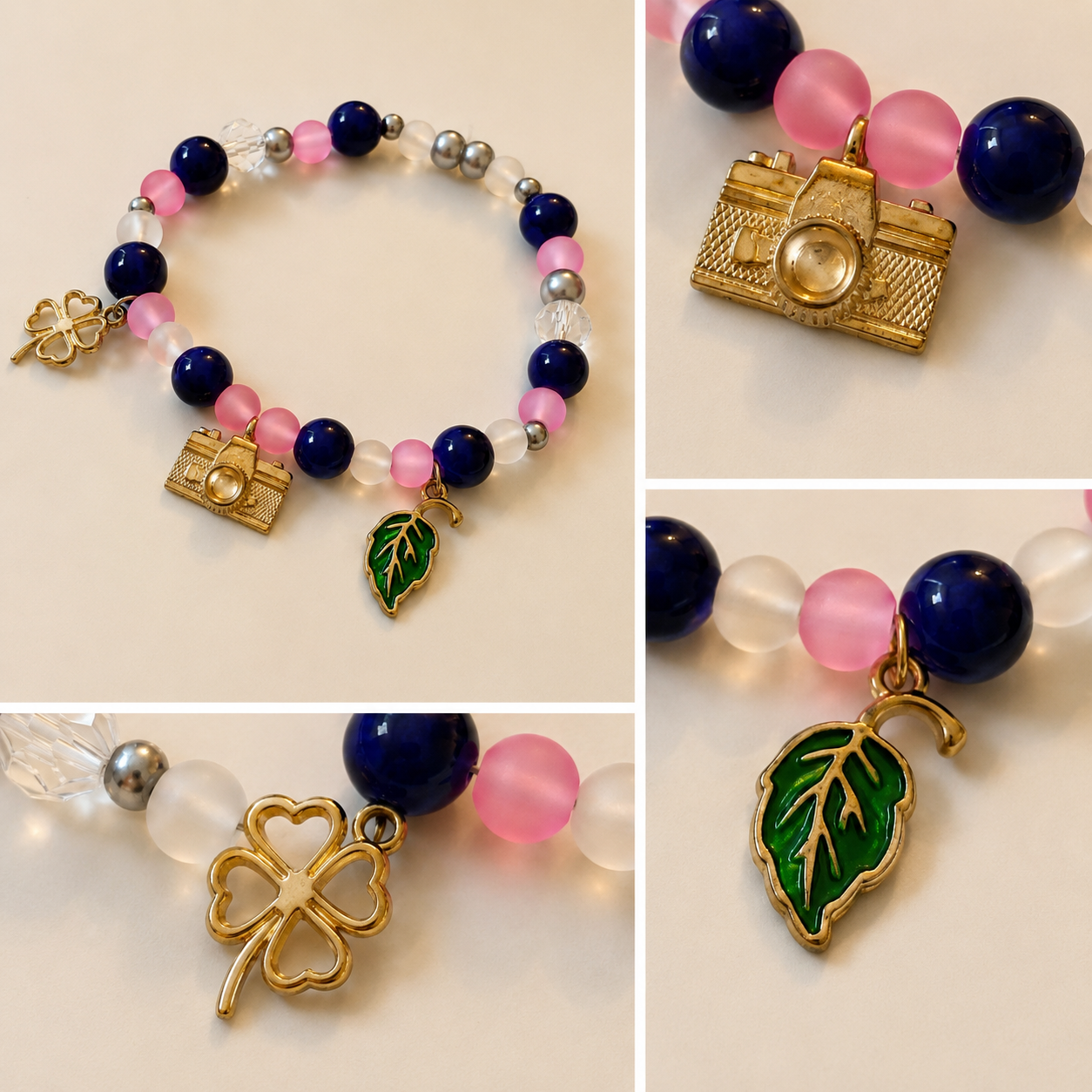 Pulsera Elástica | charms : cámara, hoja y flor