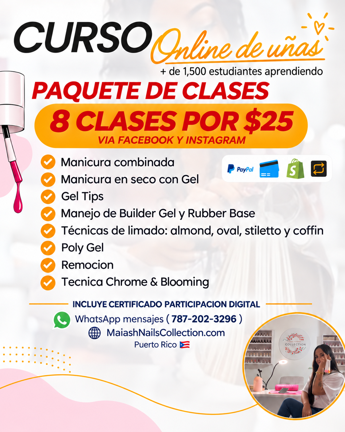 PAQUETE 8 CLASES ONLINE |
Incluye las clases mencionadas en la foto.
✨ Ideal para aprender varias técnicas, sin tomar un paquete tan amplio.
📲 clases por Facebook o Instagram. Luego del pago, escríbeme para enviarte el acceso.
⏳ Acceso de larga duración