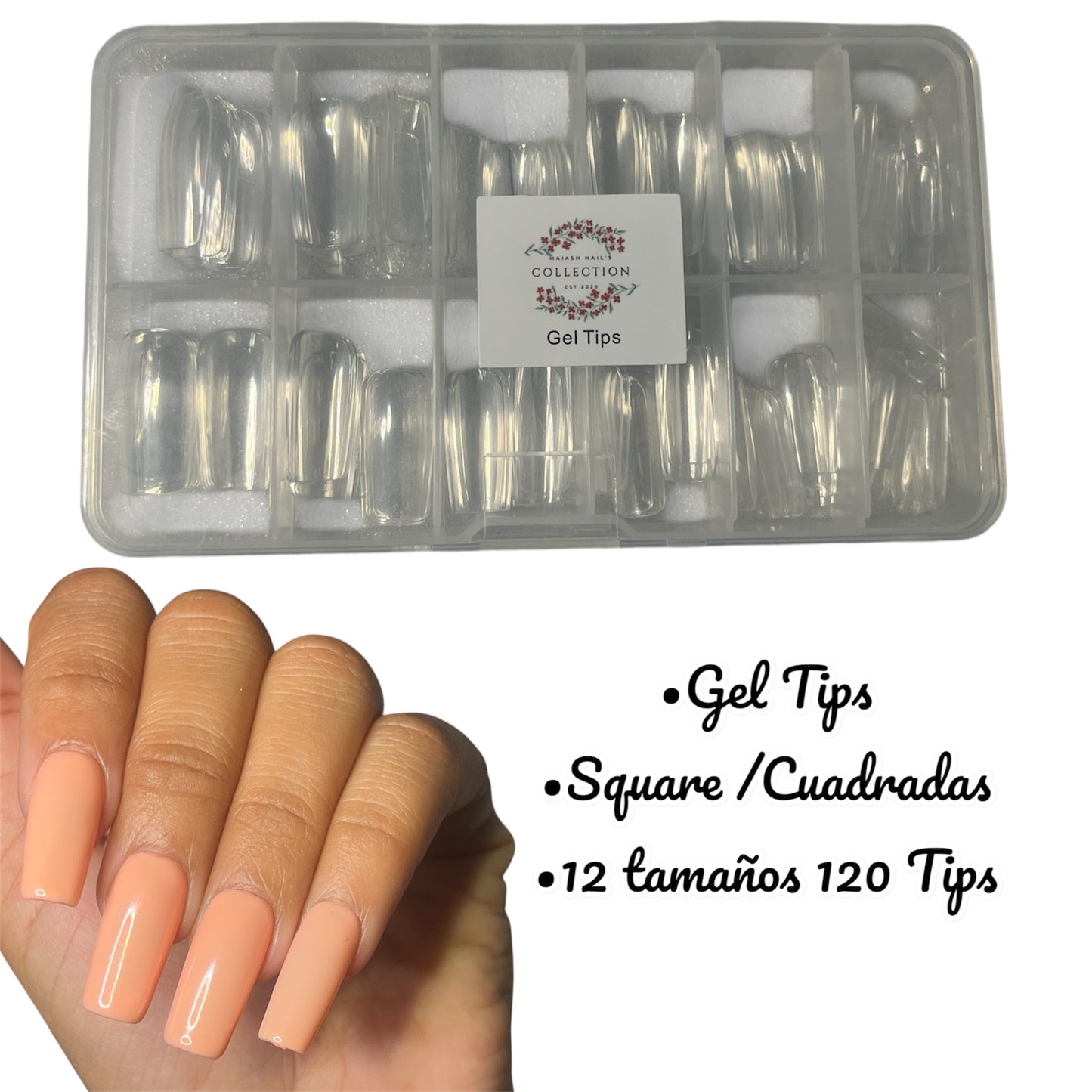 Gel Tips Cuadradas Largas.              (12 tamaños diferentes) caja trae  120 Tips