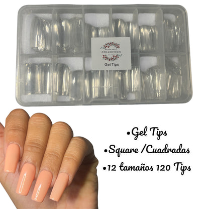 Gel Tips Cuadradas Largas.              (12 tamaños diferentes) caja trae  120 Tips