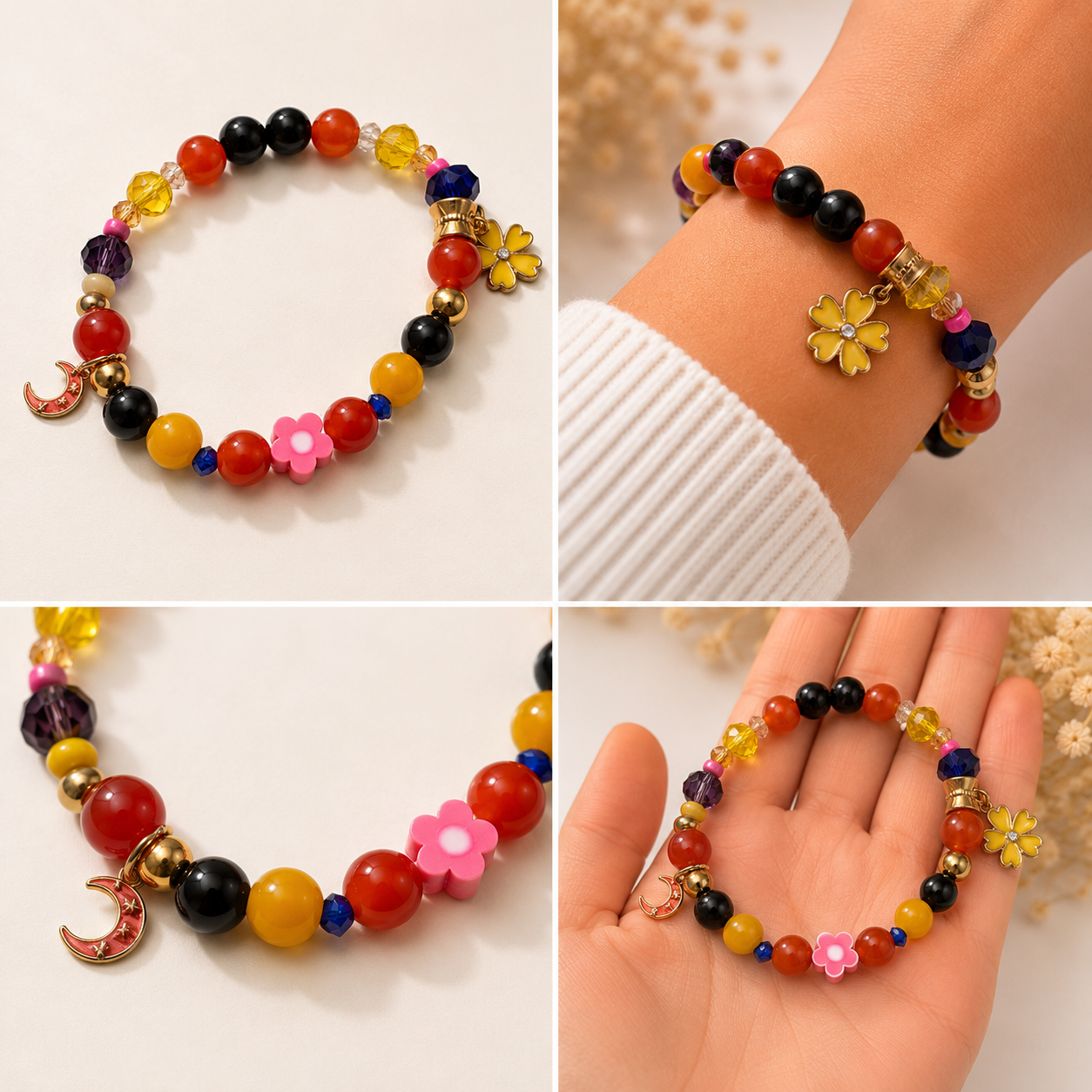 Pulsera Elástica | charms : Flor y Luna