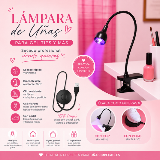LÁMPARA DE UÑAS
Perfecta para gel tips, esmaltado en gel y más.
✔️ Flexible y cómoda
✔️ Con pedal para trabajar más fácil
✔️ También puedes usarla con mano
✔️ USB largo
✔️ Fácil de llevar y usar donde quieras.