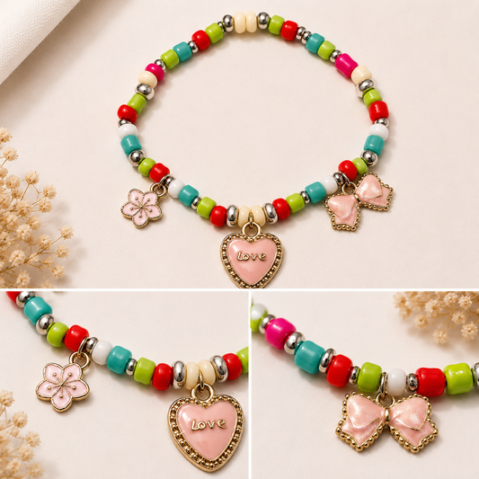 Pulsera Elástica | charms : flor, corazón y lazo