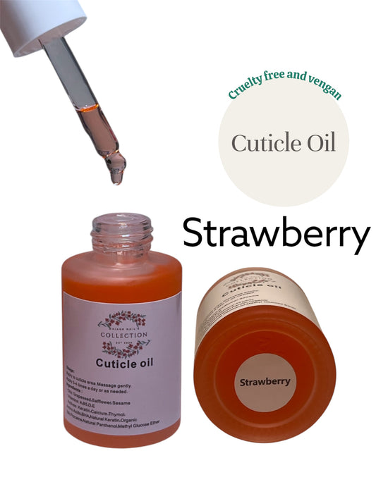 Aceite para cutícula - olor (strawberry)         
Aplicar en el área de la cutícula. Masajear suavemente.
Usar 1-3 veces al día o según sea necesario. Absorbe rápido tiene vitaminas  y es artesanal, natural y vegano. Tamaño 30G