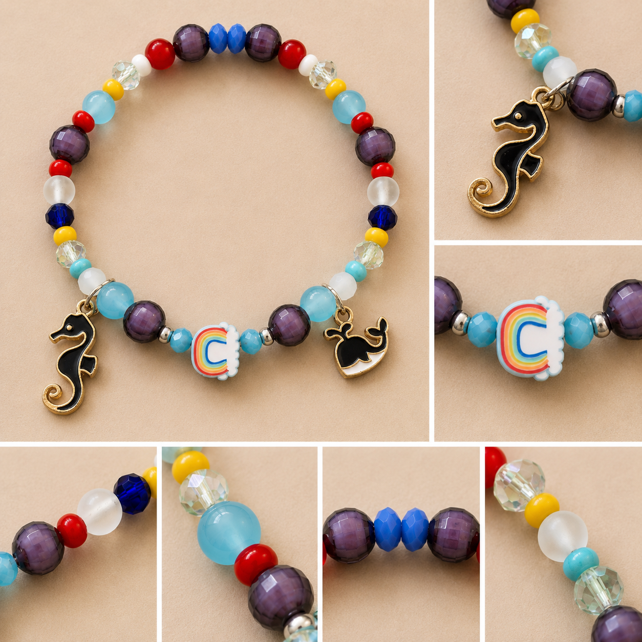 Pulsera Elástica | charms : ballena, arcoíris  y caballo de mar