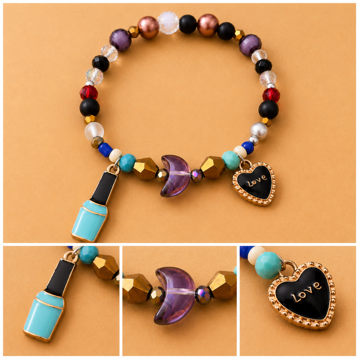 Pulsera Elástica | charms : Nails, luna y corazón