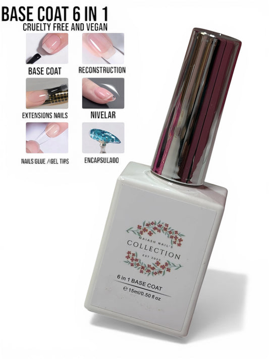 Base Coat 6 en 1 • #601 -  Funciona para base antes de cualquier producto/ para  pega de Gel tips/ para reconstrucción de uñas / para alargamiento de uñas, para nivelación / para encapsulado, pega de diamantes y accesorios. Tamaño 15 ML