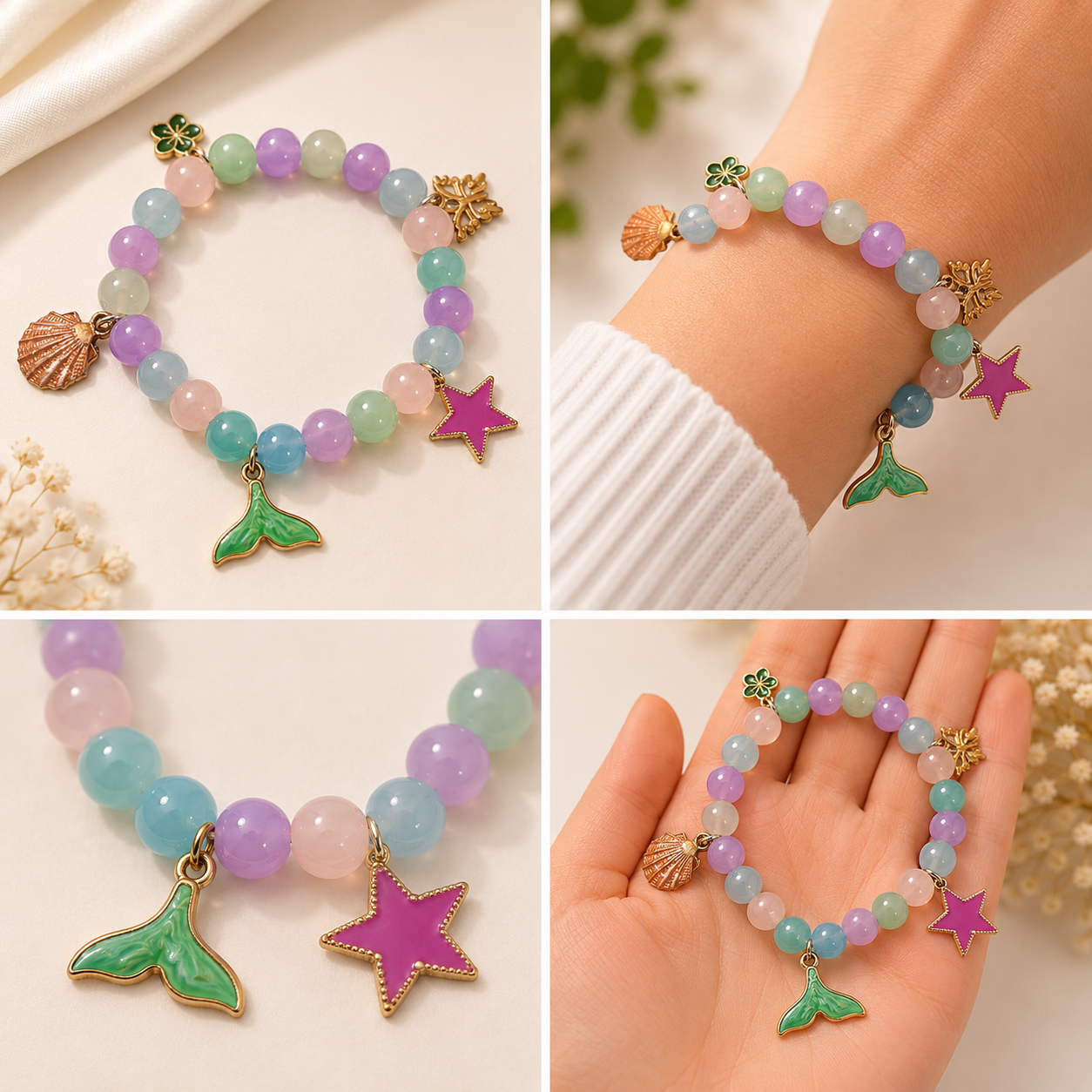 Pulsera Elástica | charms : cola, flor, estrella, mariposa y concha