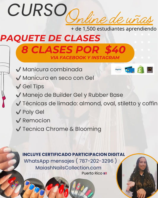 Curso online de 8 Clases / Manicura combinada✔️ Manicura en seco con Gel
✔️ Gel Tips✔️ Manejo de Builder Gel y Rubber Base✔️ Técnicas de limado: almond, oval, stiletto y coffin✔️ Poly Gel 
✔️ Remoción ✔️ Tecnica Chrome & Blooming 
Vía Instagram o Facebook