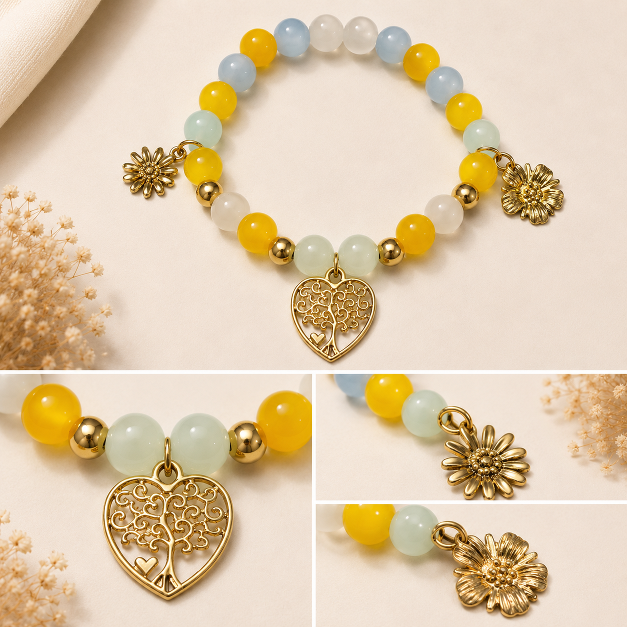 Pulsera Elástica | charms : flores, corazón,